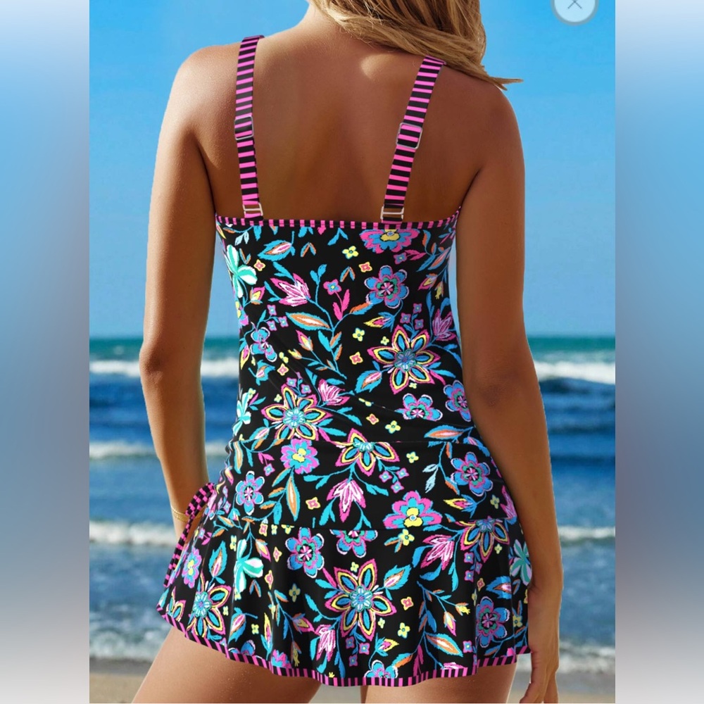 Floral Tankini with matching Skirt bottoms Swimsuit with Striped Straps - Picture 2 of 5